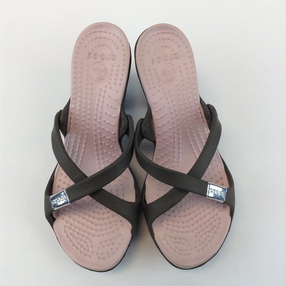 Crocs Cyprus Block Heels Brown Pink Criss Cross Strap - Picture 4 of 16